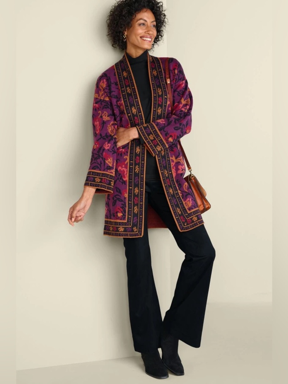 Soft surroundings plum floral boho kimono long sweater cardigan 3X